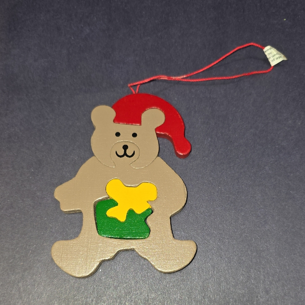 Giftco Holiday Puzzler Wooden Ornament Teddy Bear Christmas Santa Hat,‎ Vintage